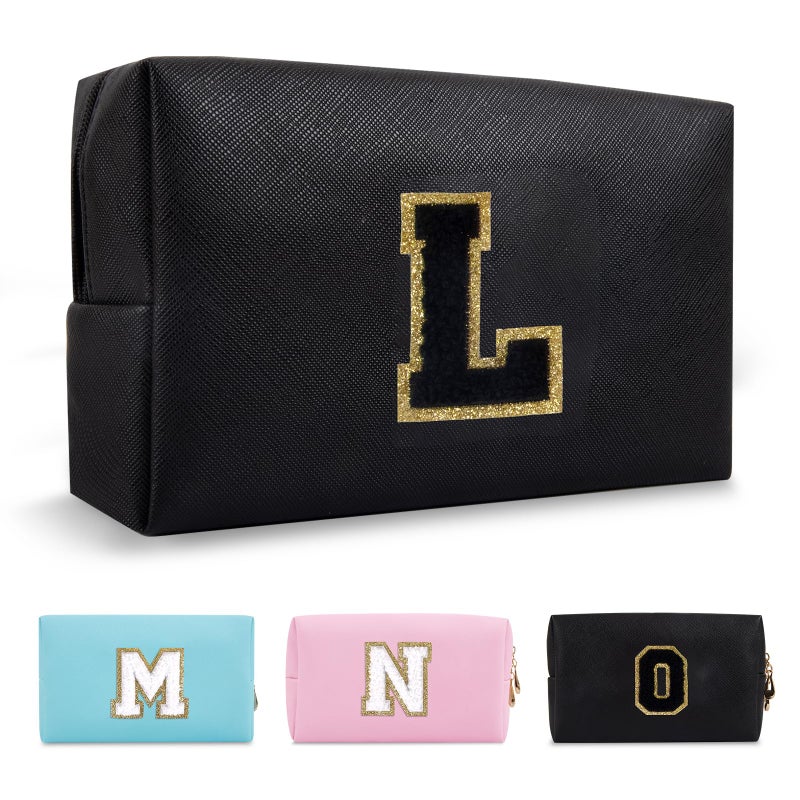 ChaoGreat Personalized Initial A-Z Preppy Patch Makeup Bag Small PU Chenille Letter Cosmetic Bag with Zipper for Teen Girls Black Cute Toiletry Organizer Bag Monogram Makeup Case Gift for Women Girls Letter L - Image 1